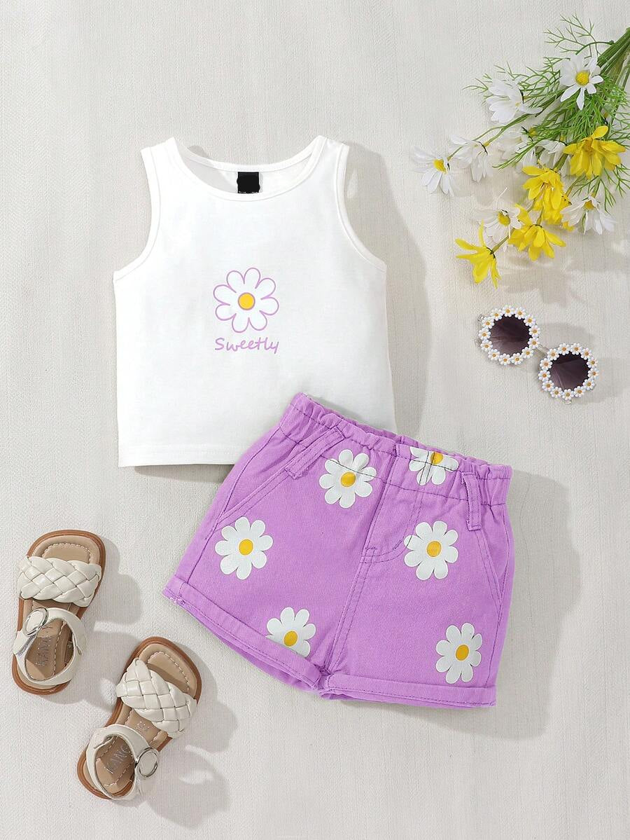 Baby Girl 2-Piece Summer Floral Print Top and Loose Denim Shorts Outfit