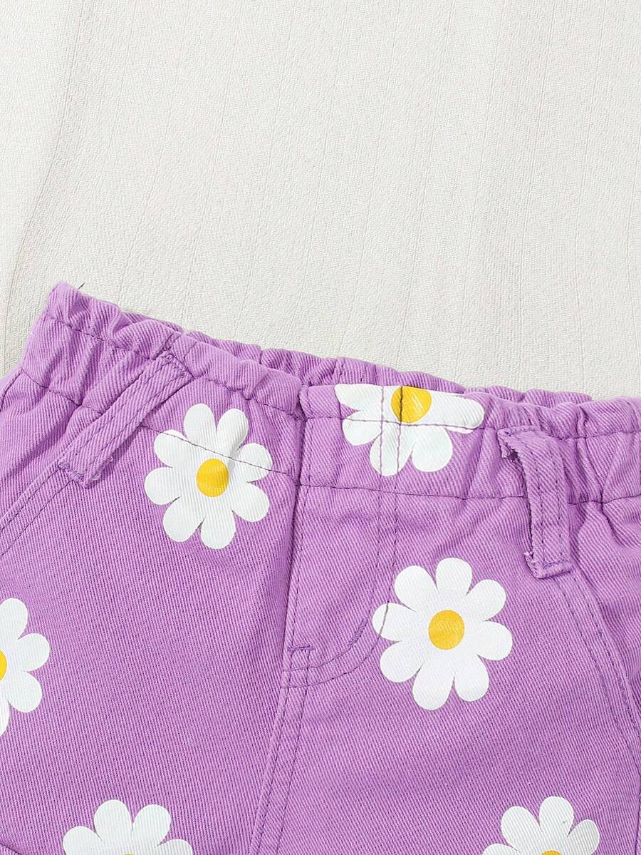 Baby Girl 2-Piece Summer Floral Print Top and Loose Denim Shorts Outfit