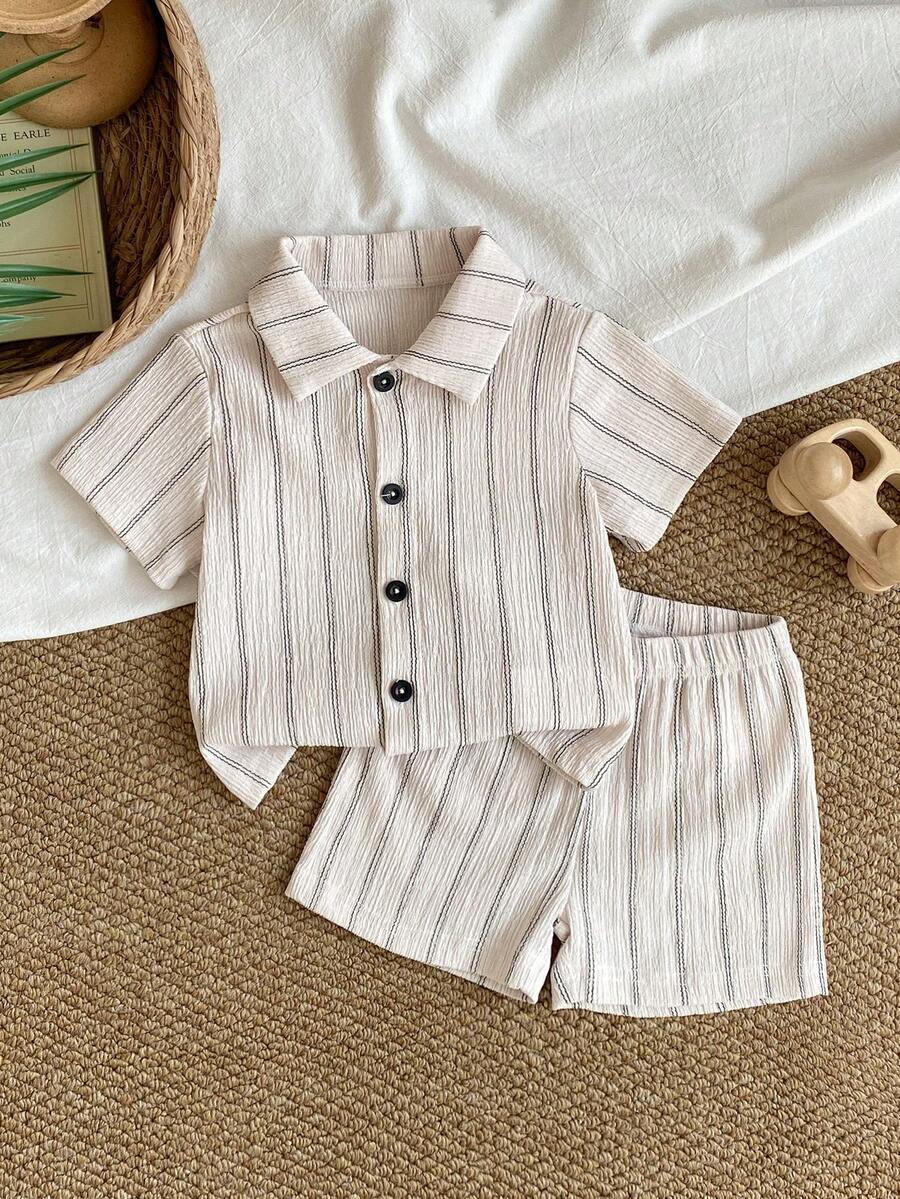 2pcs/Set Baby Boy Casual Striped Polo Collar Top & Shorts Summer Clothes
