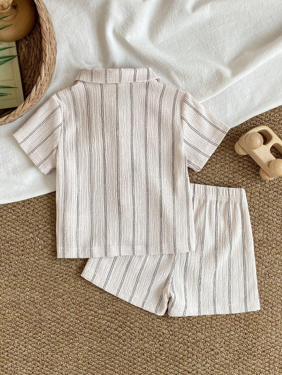 2pcs/Set Baby Boy Casual Striped Polo Collar Top & Shorts Summer Clothes