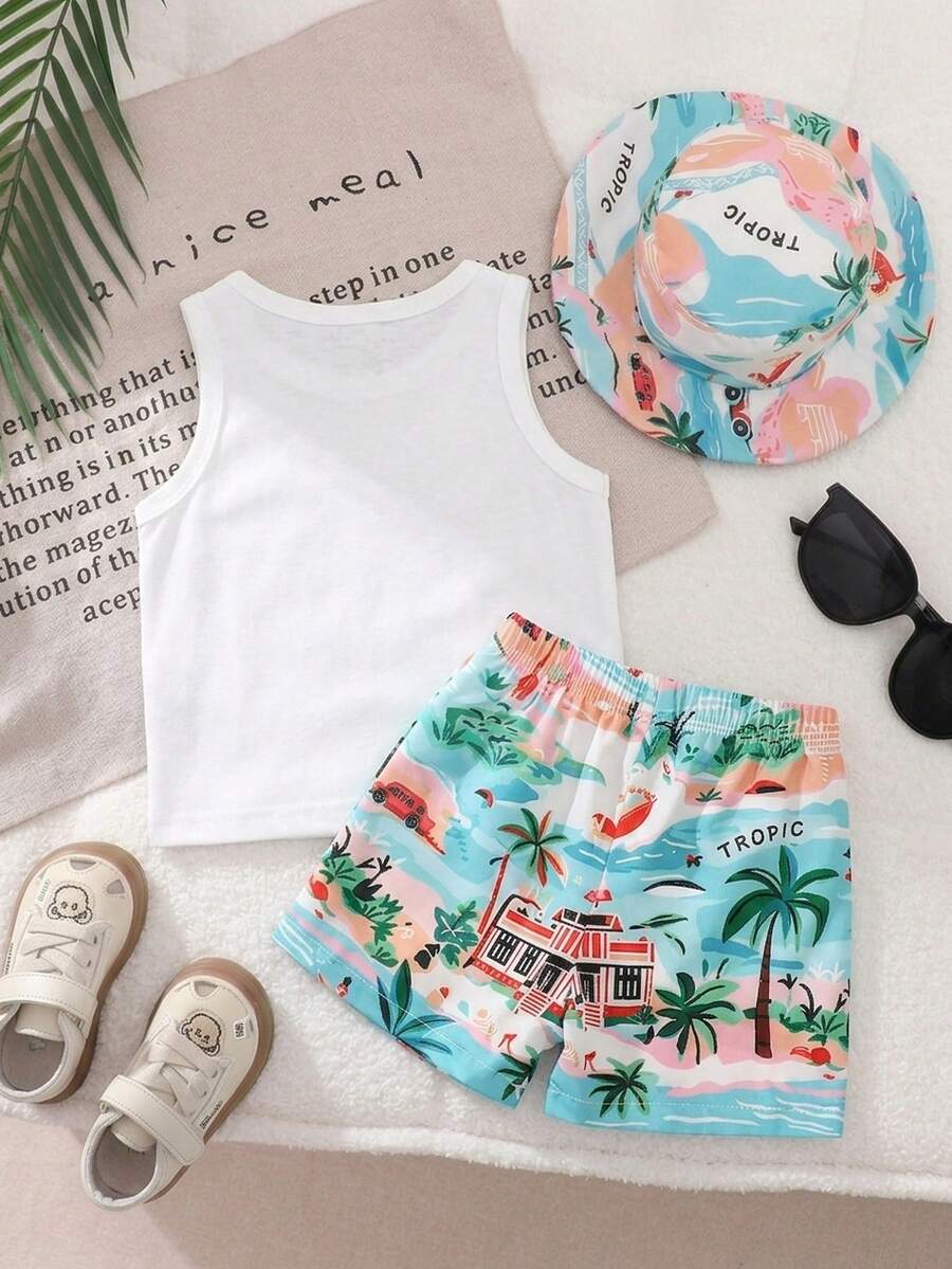 Baby Boy Letter Print Top Coconut Tree Print Shorts and Hat 3 Piece Summer Beach Vacation Outfit Set