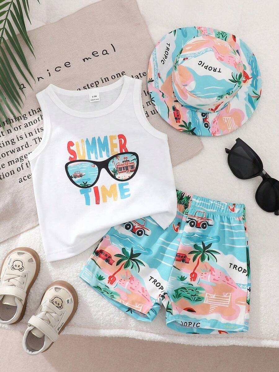 Baby Boy Letter Print Top Coconut Tree Print Shorts and Hat 3 Piece Summer Beach Vacation Outfit Set