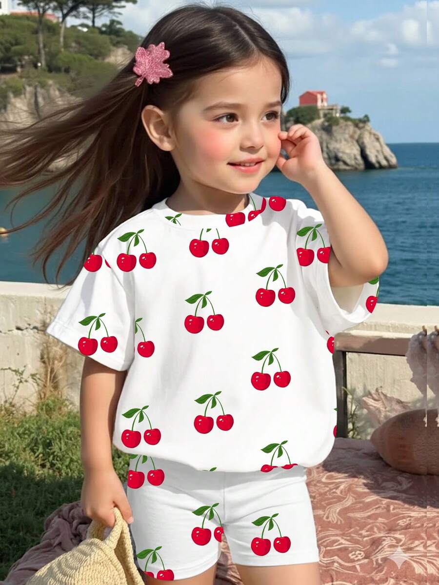 Lemon Fruit & Letter Print Short Sleeve Top and Shorts Set for Baby Girls