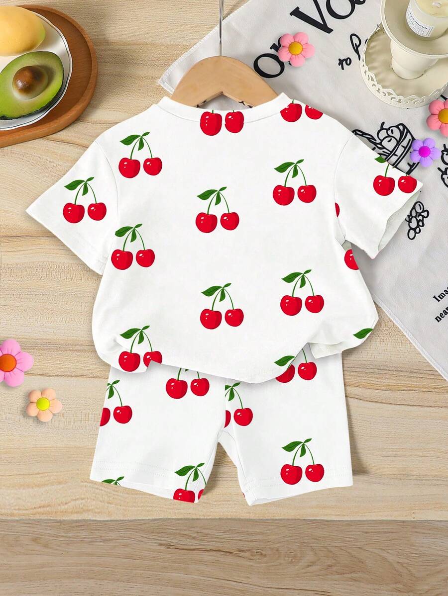 Lemon Fruit & Letter Print Short Sleeve Top and Shorts Set for Baby Girls