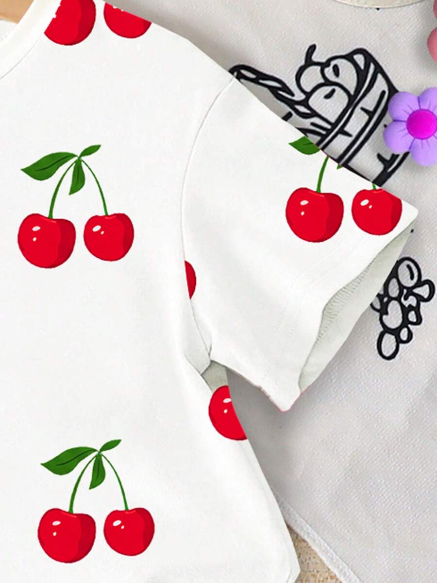 Lemon Fruit & Letter Print Short Sleeve Top and Shorts Set for Baby Girls