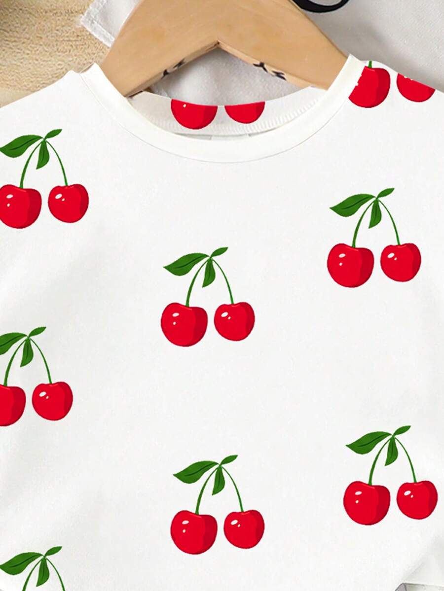 Lemon Fruit & Letter Print Short Sleeve Top and Shorts Set for Baby Girls