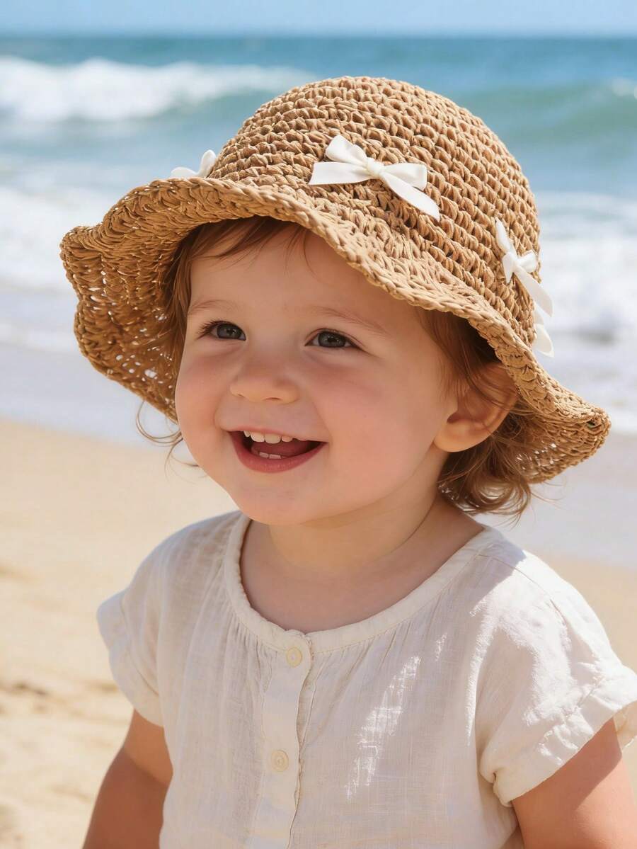 1pc Knitted Lace Bow Sun Hat for Baby and Toddler Casual Wear