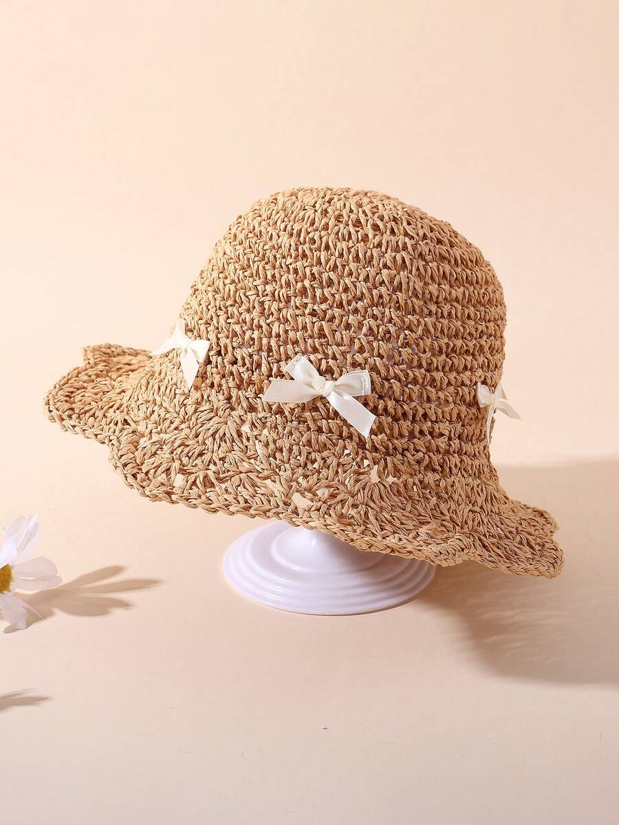 1pc Knitted Lace Bow Sun Hat for Baby and Toddler Casual Wear