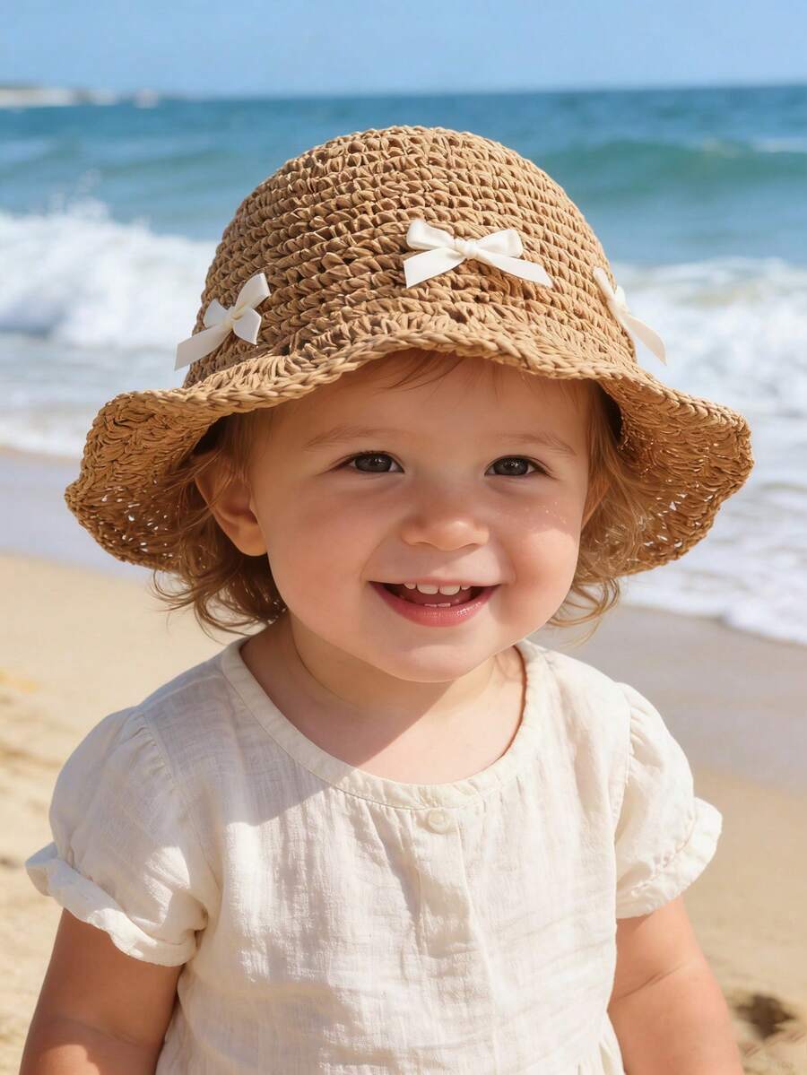 1pc Knitted Lace Bow Sun Hat for Baby and Toddler Casual Wear
