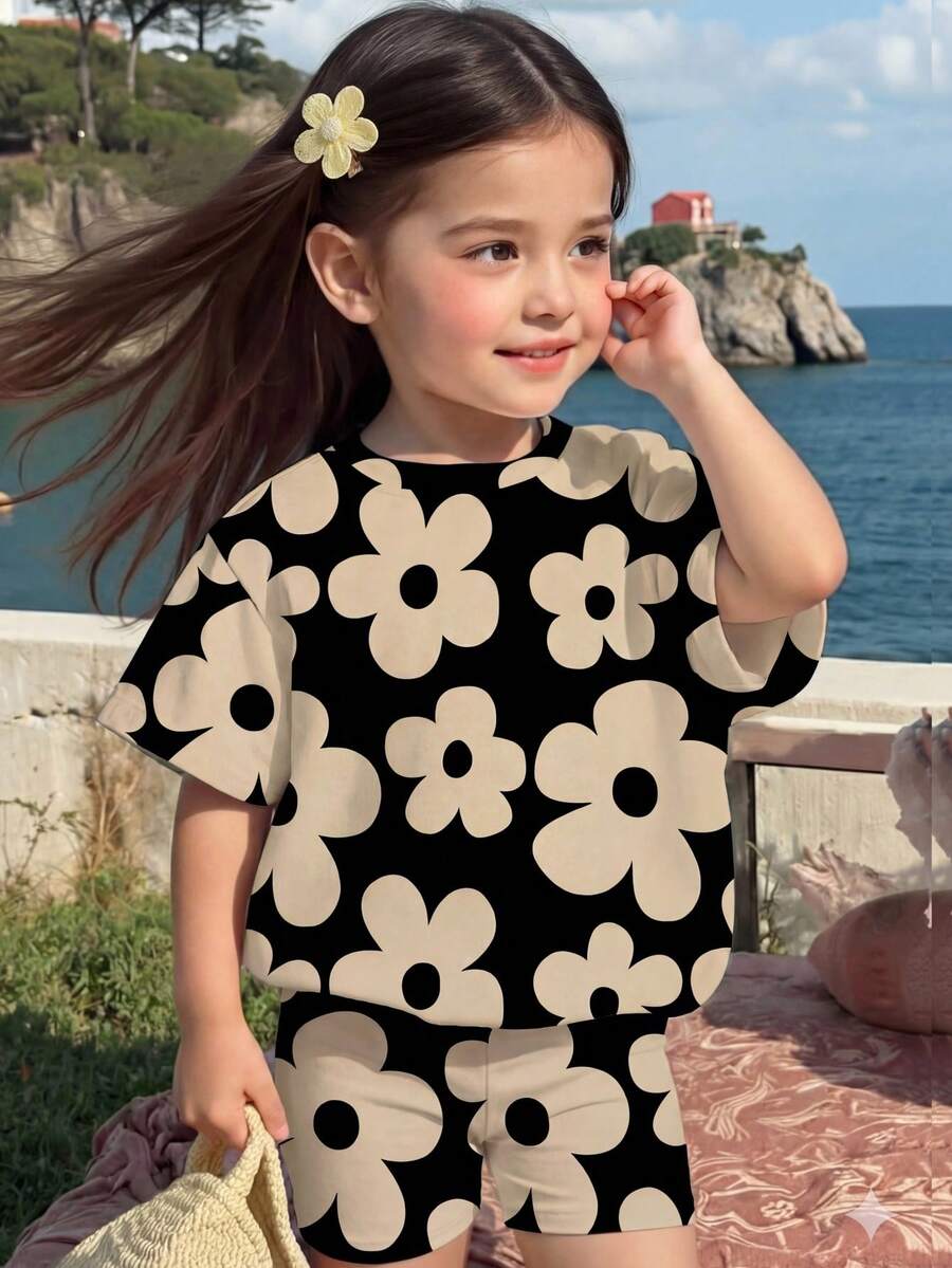 Lemon Fruit & Letter Print Short Sleeve Top and Shorts Set for Baby Girls