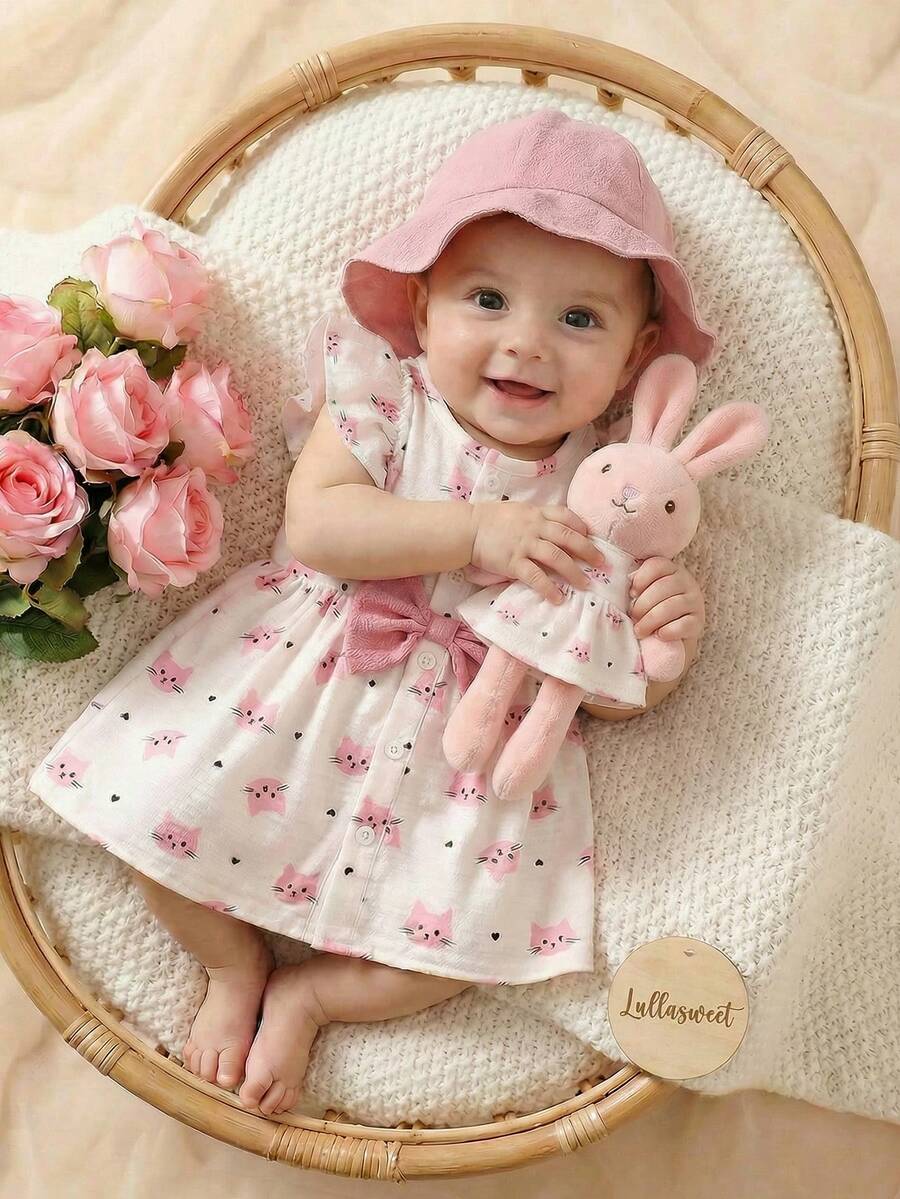 Baby Cherry Print Sleeveless Dress and Red Hat Set for Cute Summer Outings