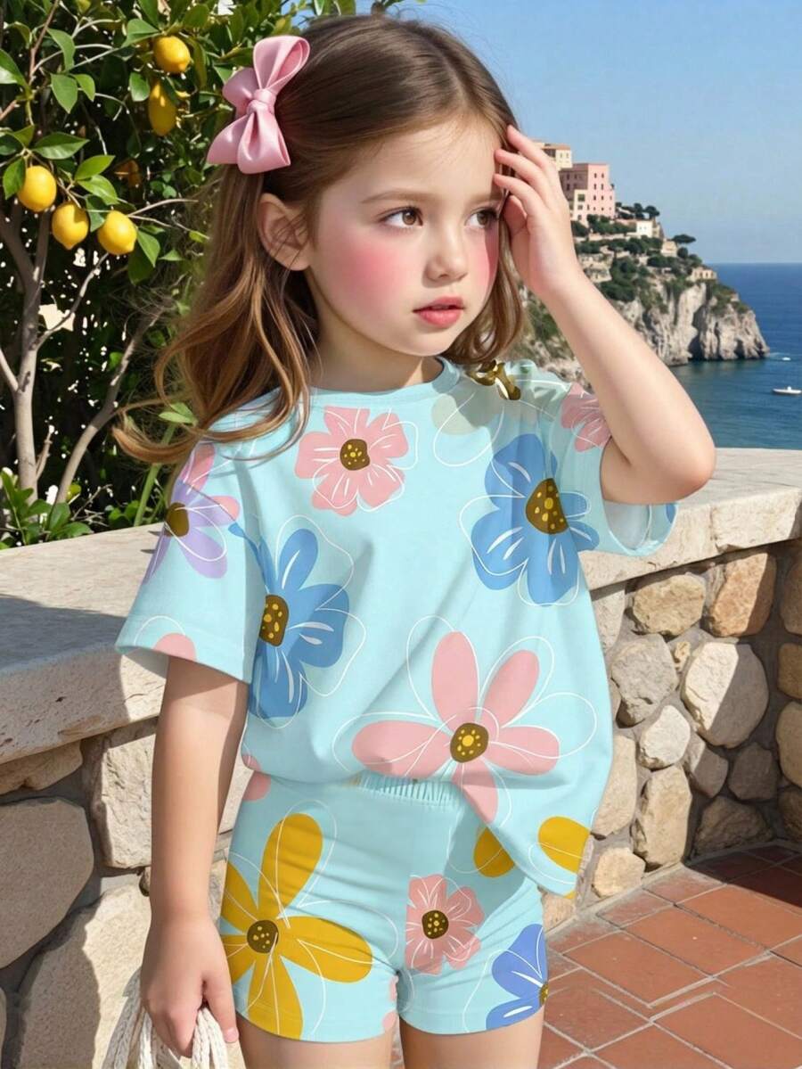 Vacation Ready Floral Print Set For Baby Girls With Tee And Shorts