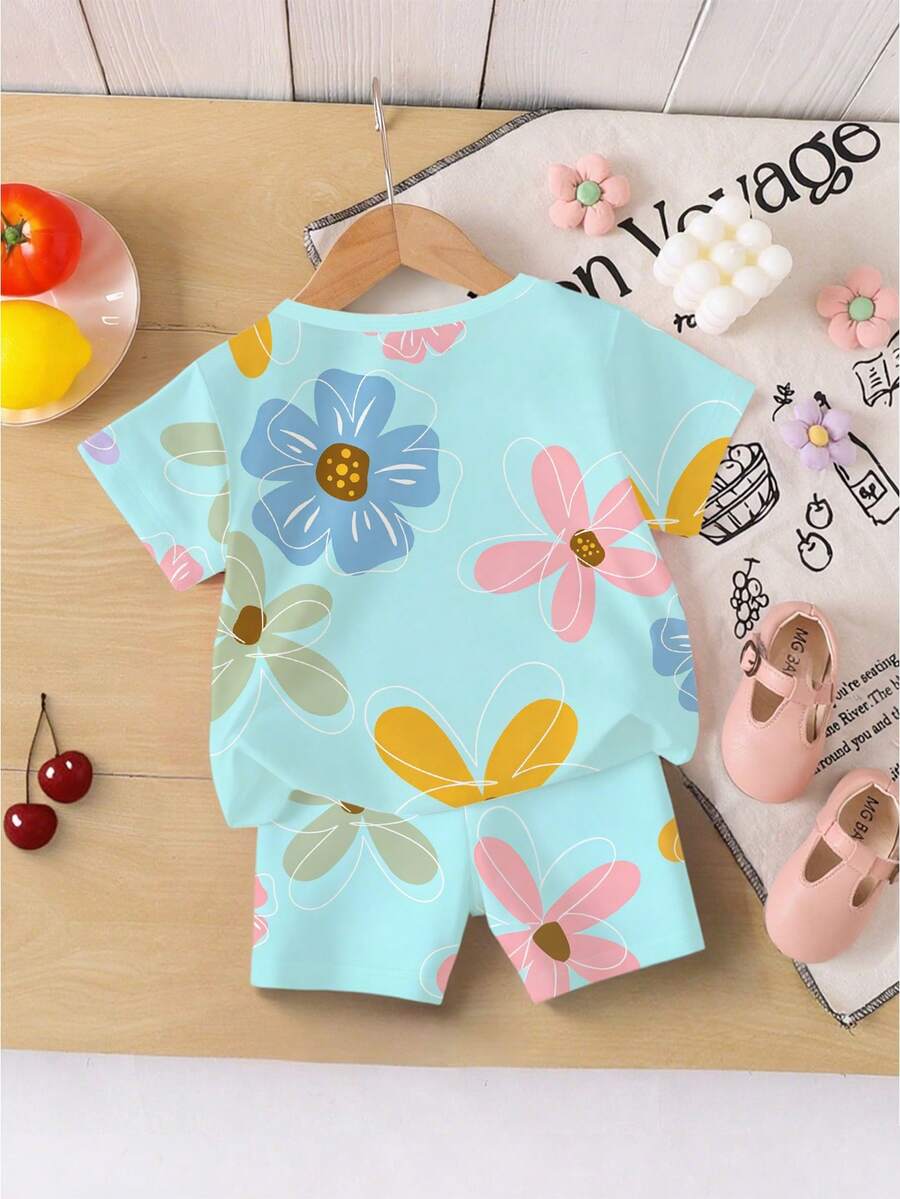 Vacation Ready Floral Print Set For Baby Girls With Tee And Shorts
