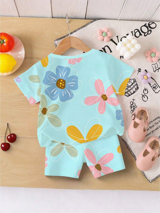 Vacation Ready Floral Print Set For Baby Girls With Tee And Shorts
