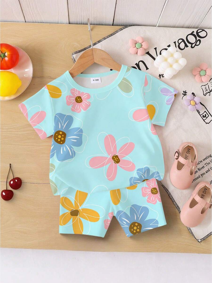 Vacation Ready Floral Print Set For Baby Girls With Tee And Shorts
