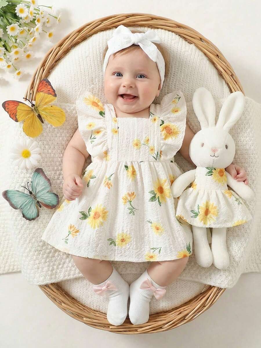 2PCS Baby Watercolor Floral Dress and Hairband Set for Cute Summer Outings