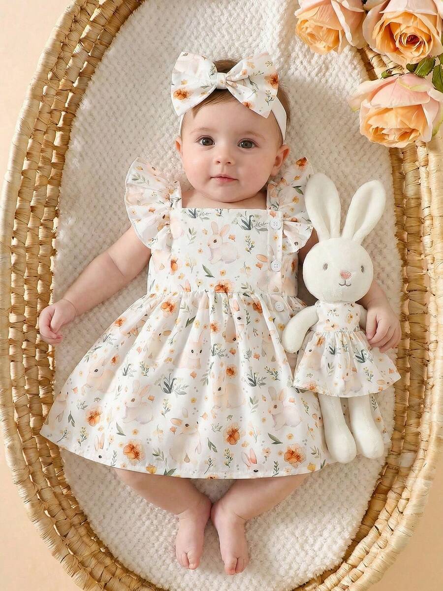 2PCS Baby Watercolor Floral Dress and Hairband Set for Cute Summer Outings