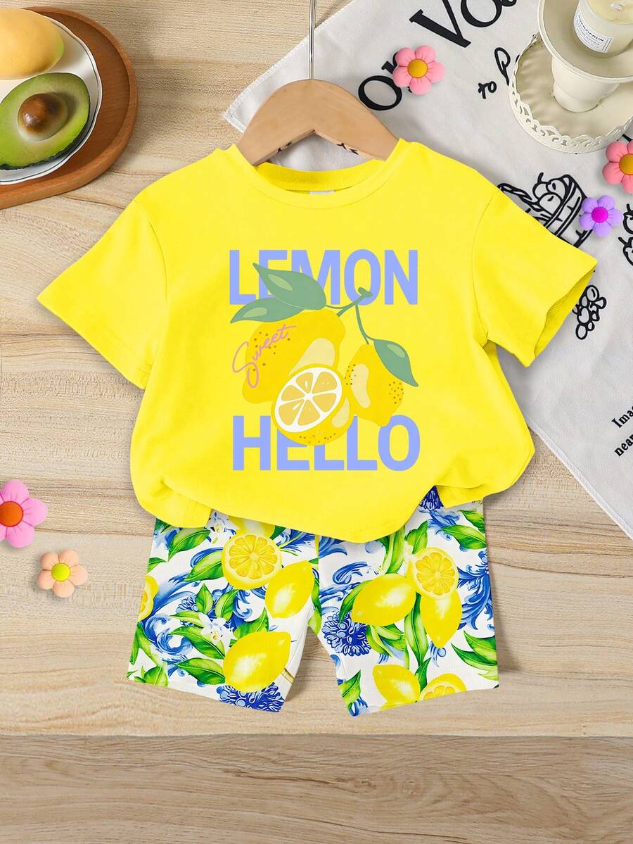 Lemon Fruit & Letter Print Short Sleeve Top and Shorts Set for Baby Girls