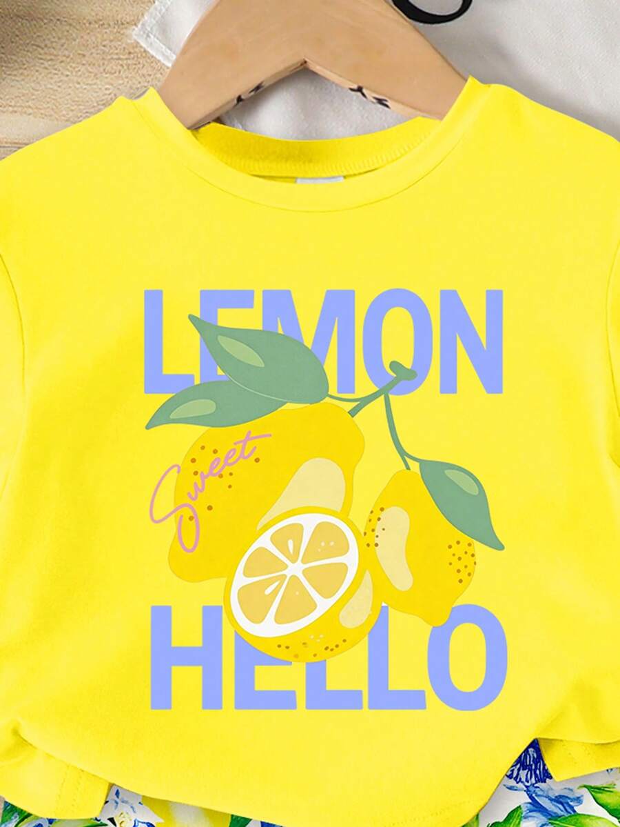 Lemon Fruit & Letter Print Short Sleeve Top and Shorts Set for Baby Girls