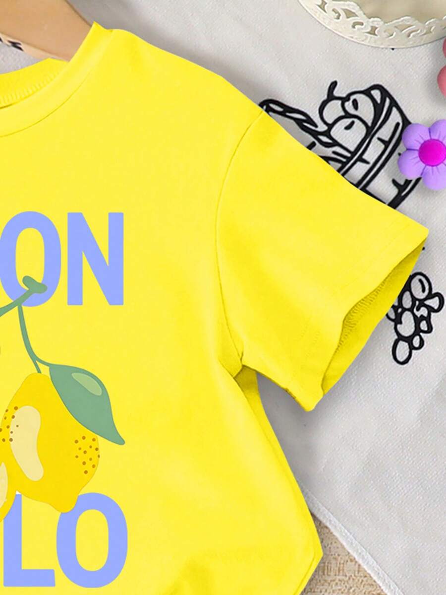 Lemon Fruit & Letter Print Short Sleeve Top and Shorts Set for Baby Girls