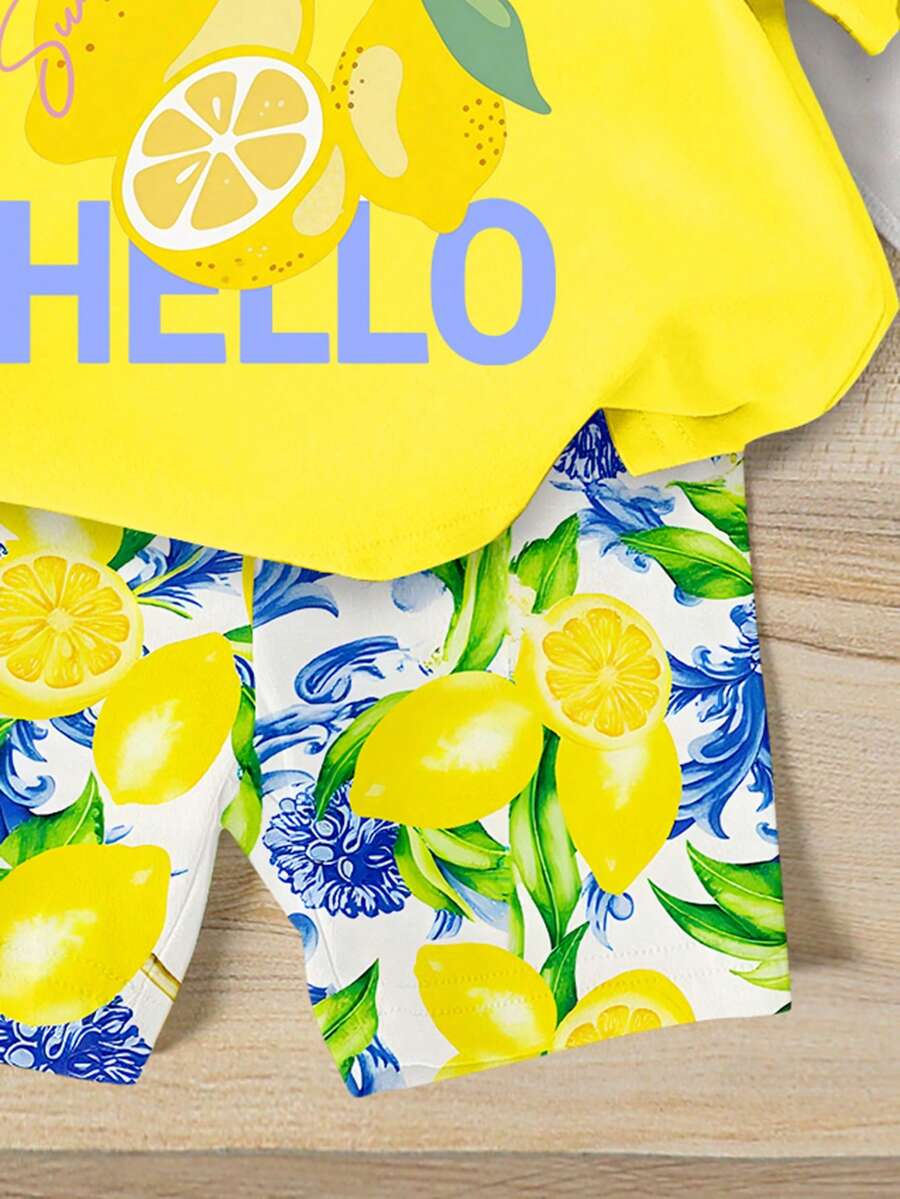 Lemon Fruit & Letter Print Short Sleeve Top and Shorts Set for Baby Girls