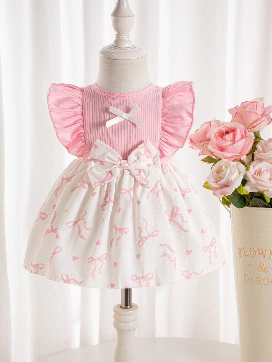 Baby Lace Collar Pink Bow Dress for Elegant Retro Summer Wear
