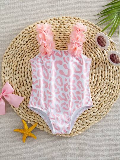 Baby Striped Leopard Print 3D Floral One-Piece Swimsuit for Summer Beach Wear