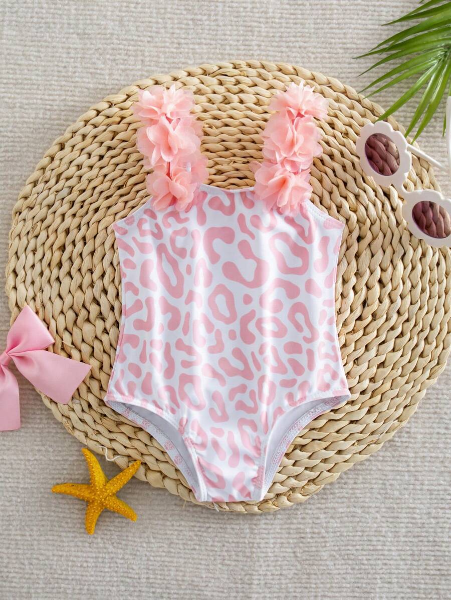 Baby Striped Leopard Print 3D Floral One-Piece Swimsuit for Summer Beach Wear