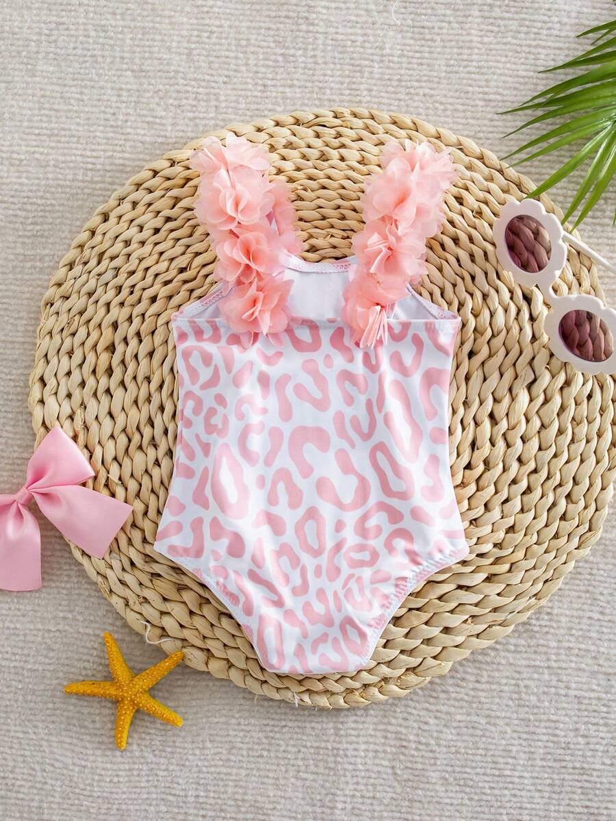 Baby Striped Leopard Print 3D Floral One-Piece Swimsuit for Summer Beach Wear