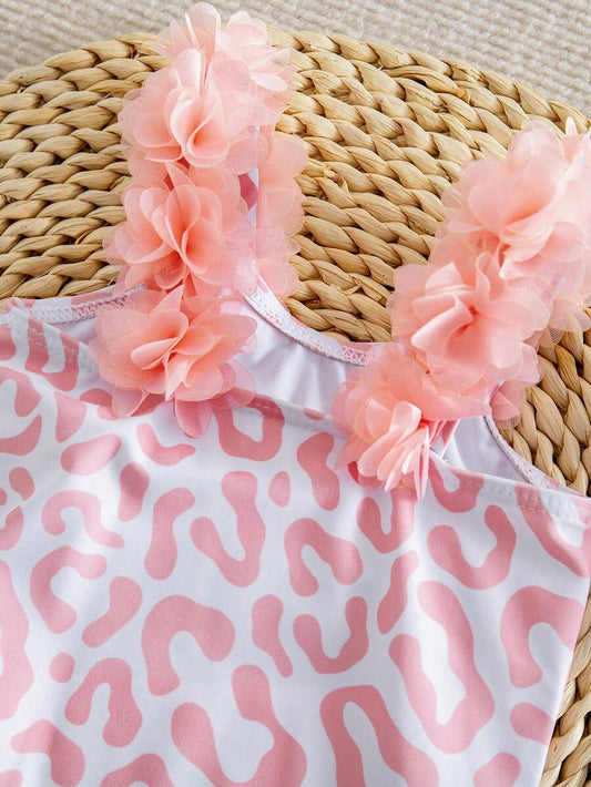 Baby Striped Leopard Print 3D Floral One-Piece Swimsuit for Summer Beach Wear