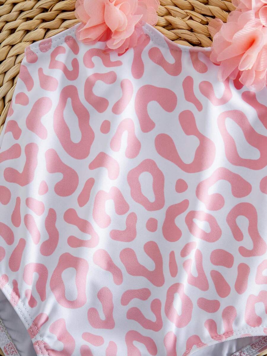 Baby Striped Leopard Print 3D Floral One-Piece Swimsuit for Summer Beach Wear
