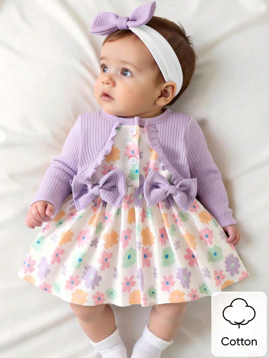 Baby Girl Floral Patchwork Dress & Headband Set - Sweet Pink Autumn Outfit