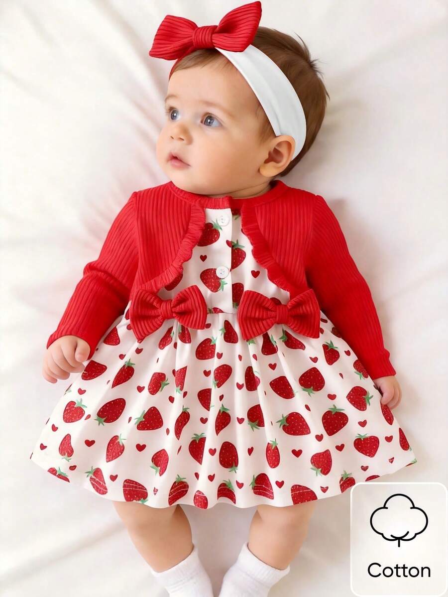 Baby Floral Bow Dress and Headband Set for Sweet Autumn and Winter Daily Wear