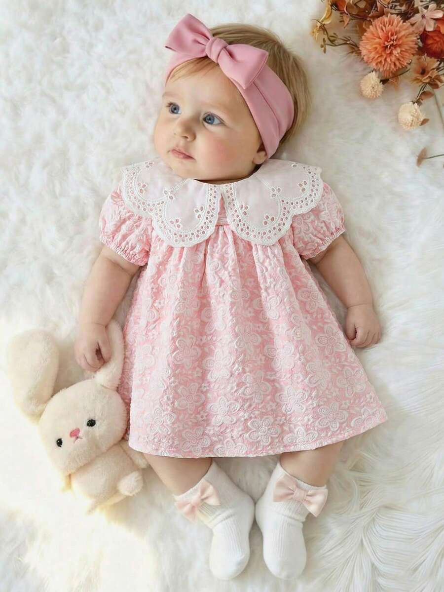 Girls Jacquard Princess Dress with Ruffle Collar for Elegant Summer Parties and Vacations