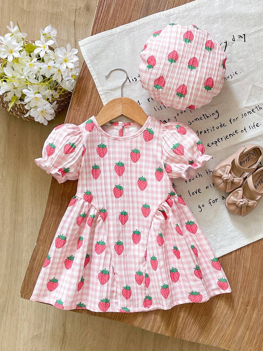 Baby Girls Cherry Plaid Dress And Beret Hat Set Cute Summer Vacation Outfit