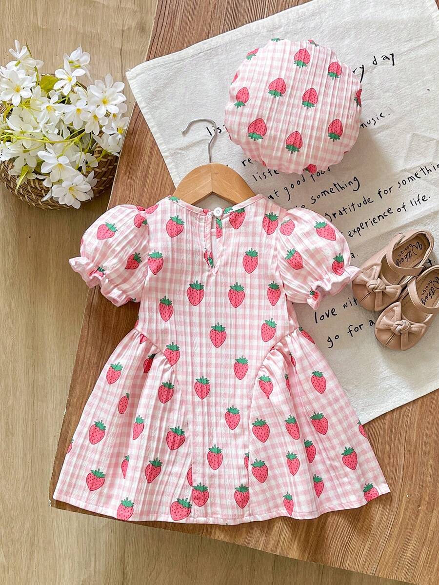 Baby Girls Cherry Plaid Dress And Beret Hat Set Cute Summer Vacation Outfit