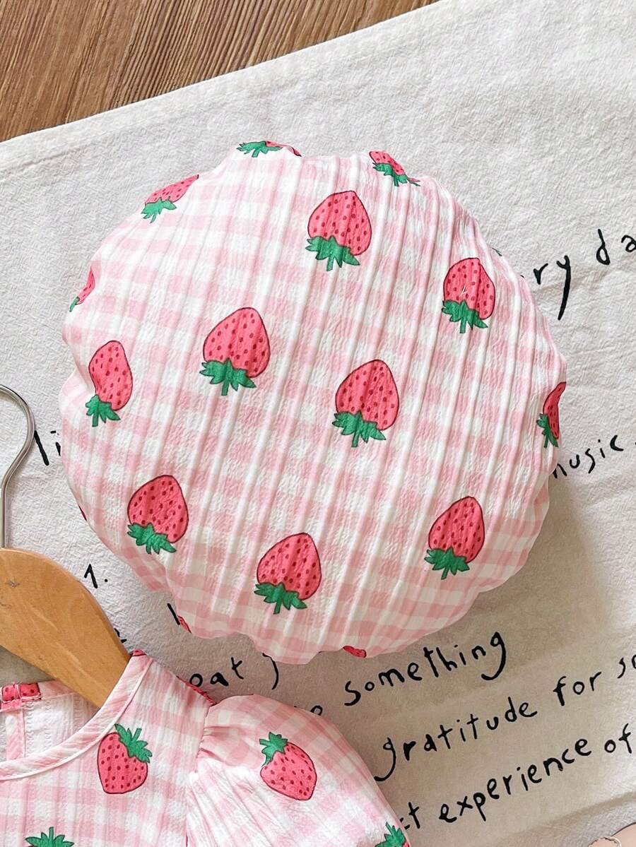 Baby Girls Cherry Plaid Dress And Beret Hat Set Cute Summer Vacation Outfit