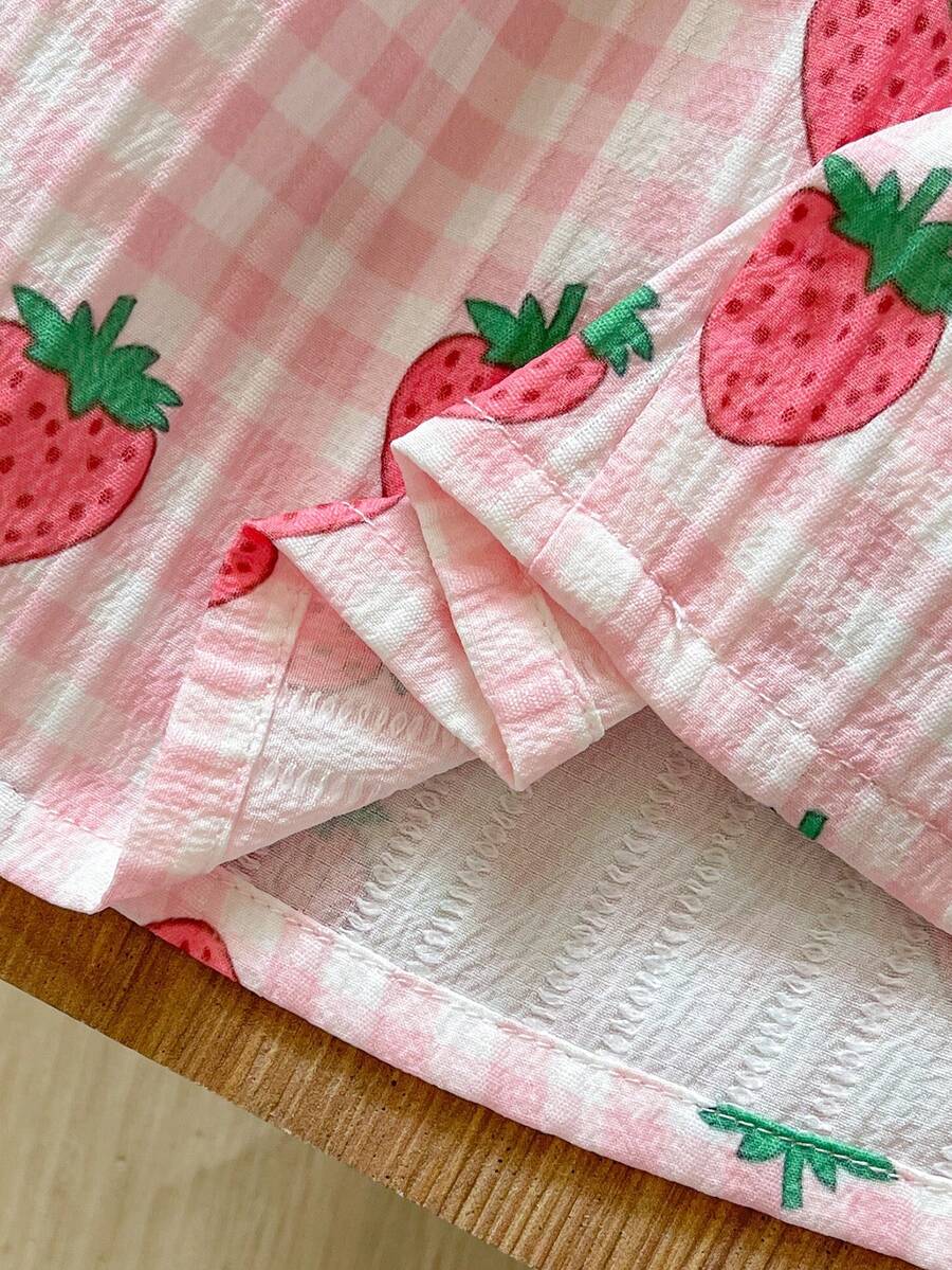 Baby Girls Cherry Plaid Dress And Beret Hat Set Cute Summer Vacation Outfit