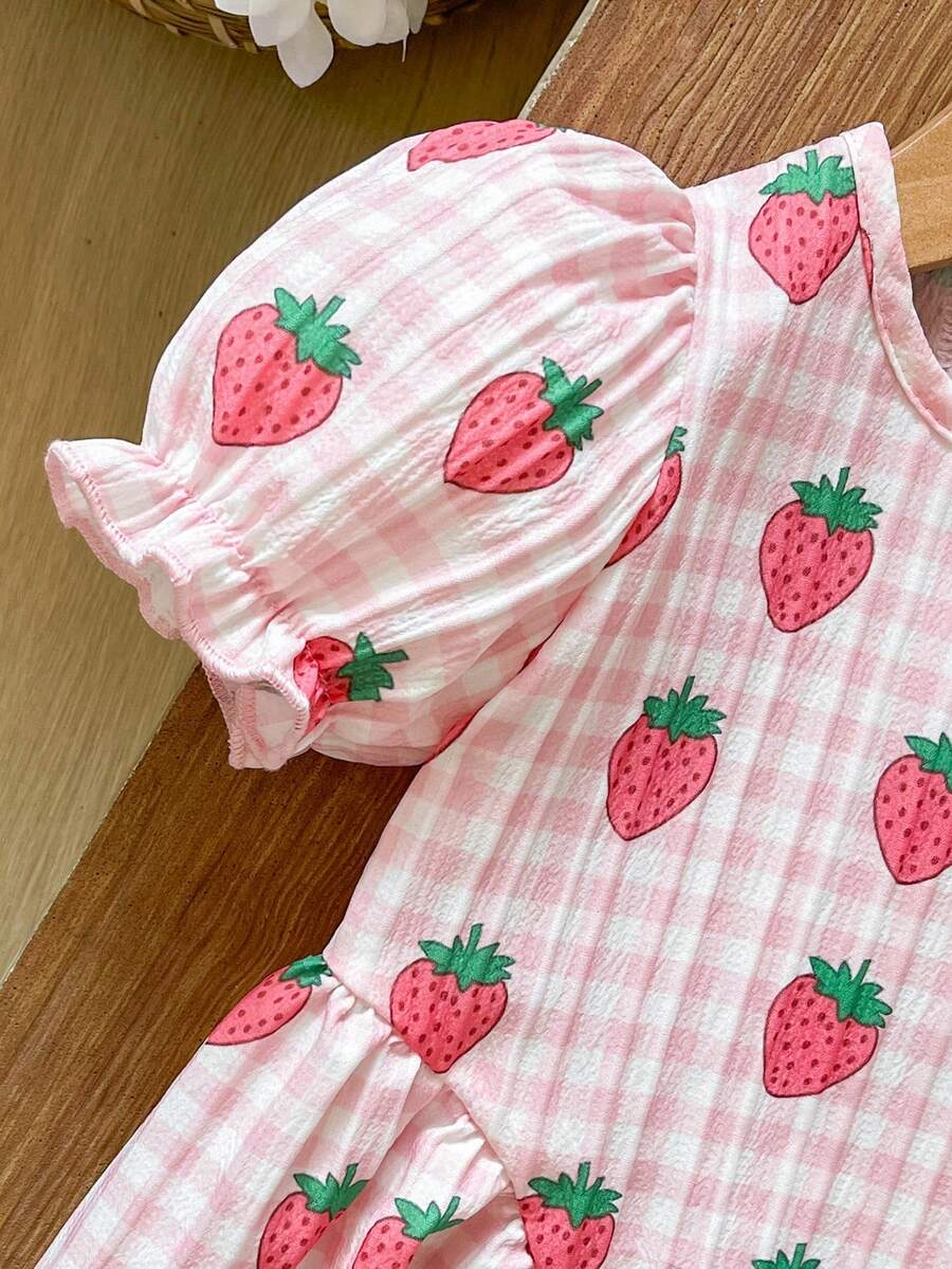 Baby Girls Cherry Plaid Dress And Beret Hat Set Cute Summer Vacation Outfit