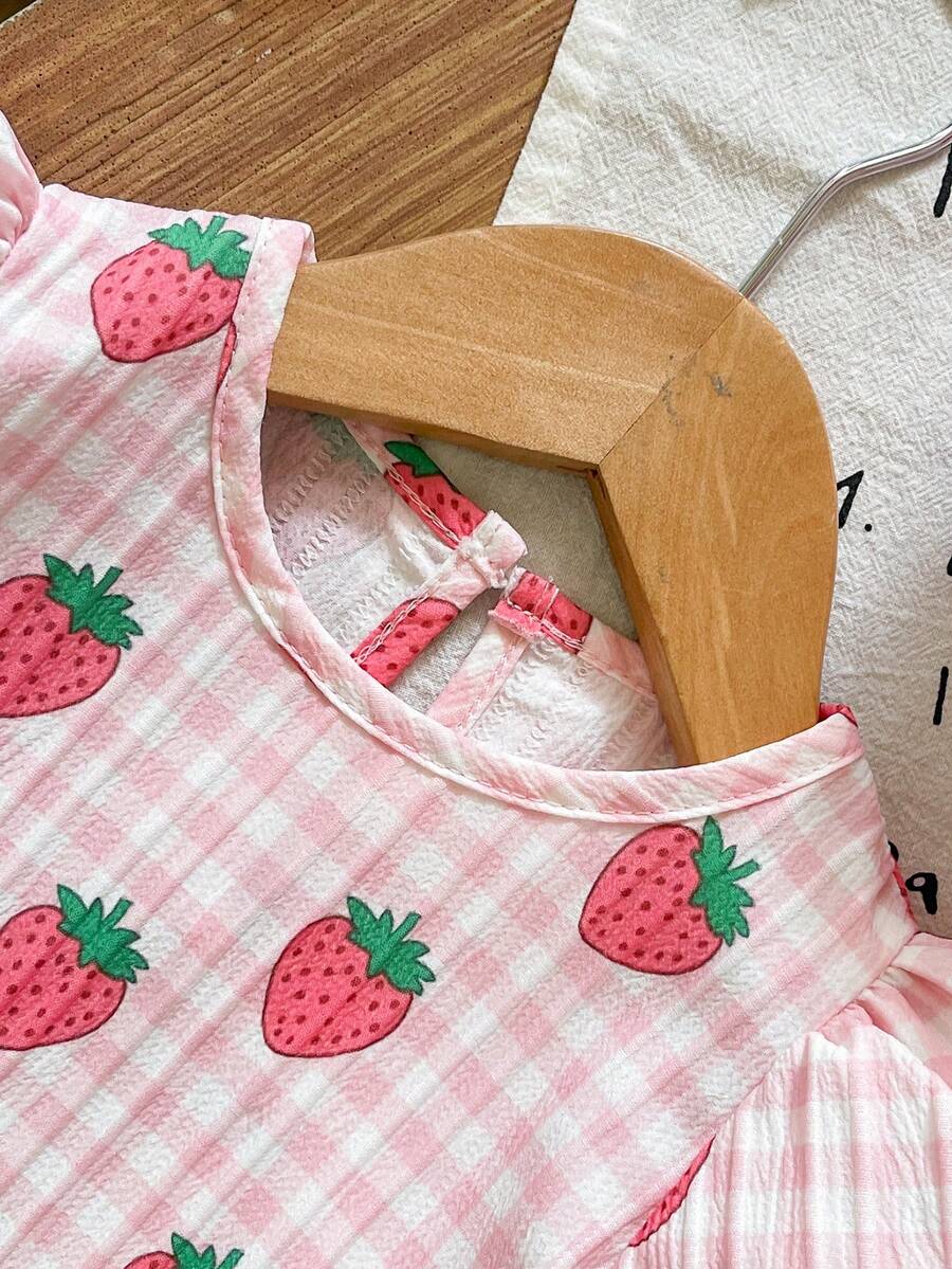 Baby Girls Cherry Plaid Dress And Beret Hat Set Cute Summer Vacation Outfit