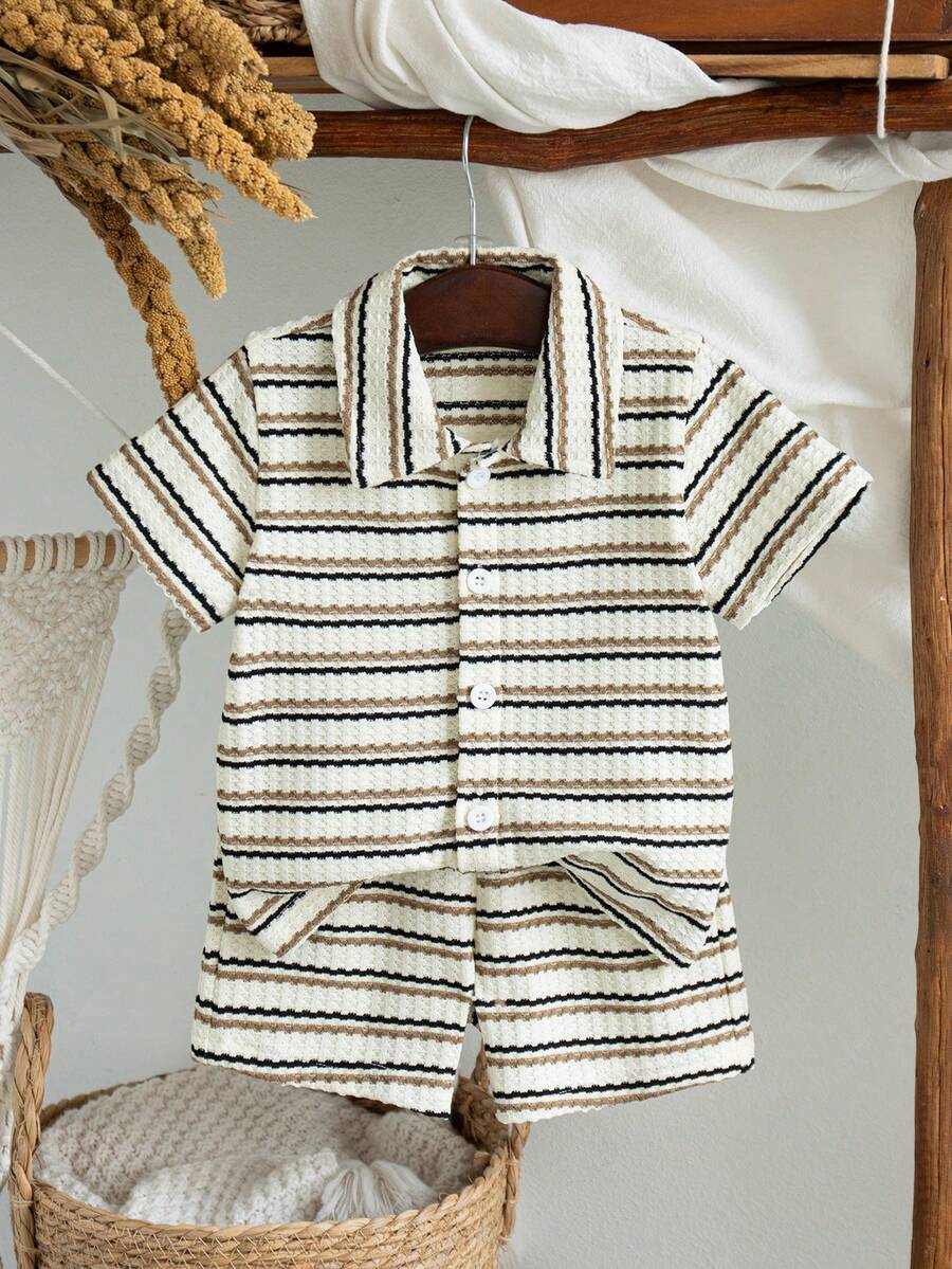 Infant Baby Boy Green White Striped Waffle Knit Polo Shirt and Shorts 2 Piece Casual Outfit Set