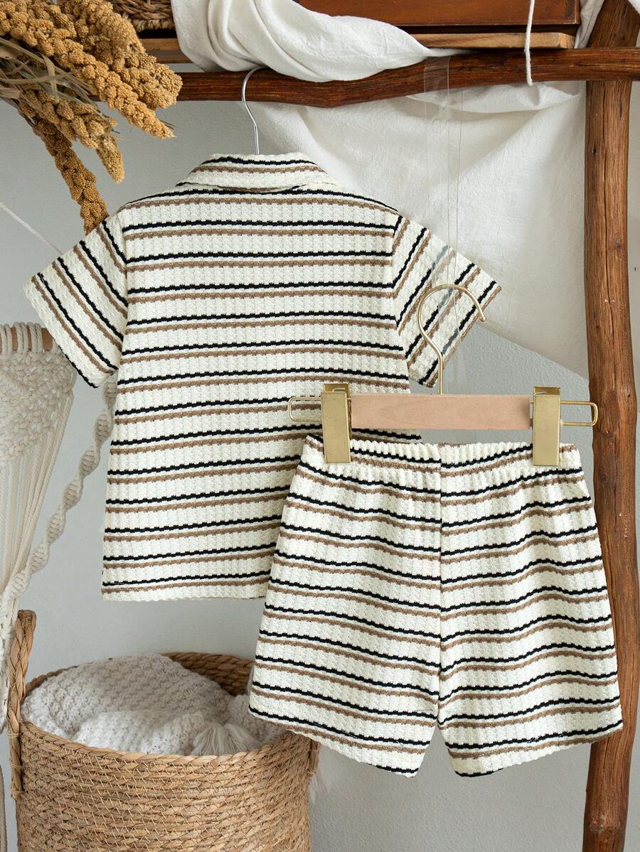 Infant Baby Boy Green White Striped Waffle Knit Polo Shirt and Shorts 2 Piece Casual Outfit Set