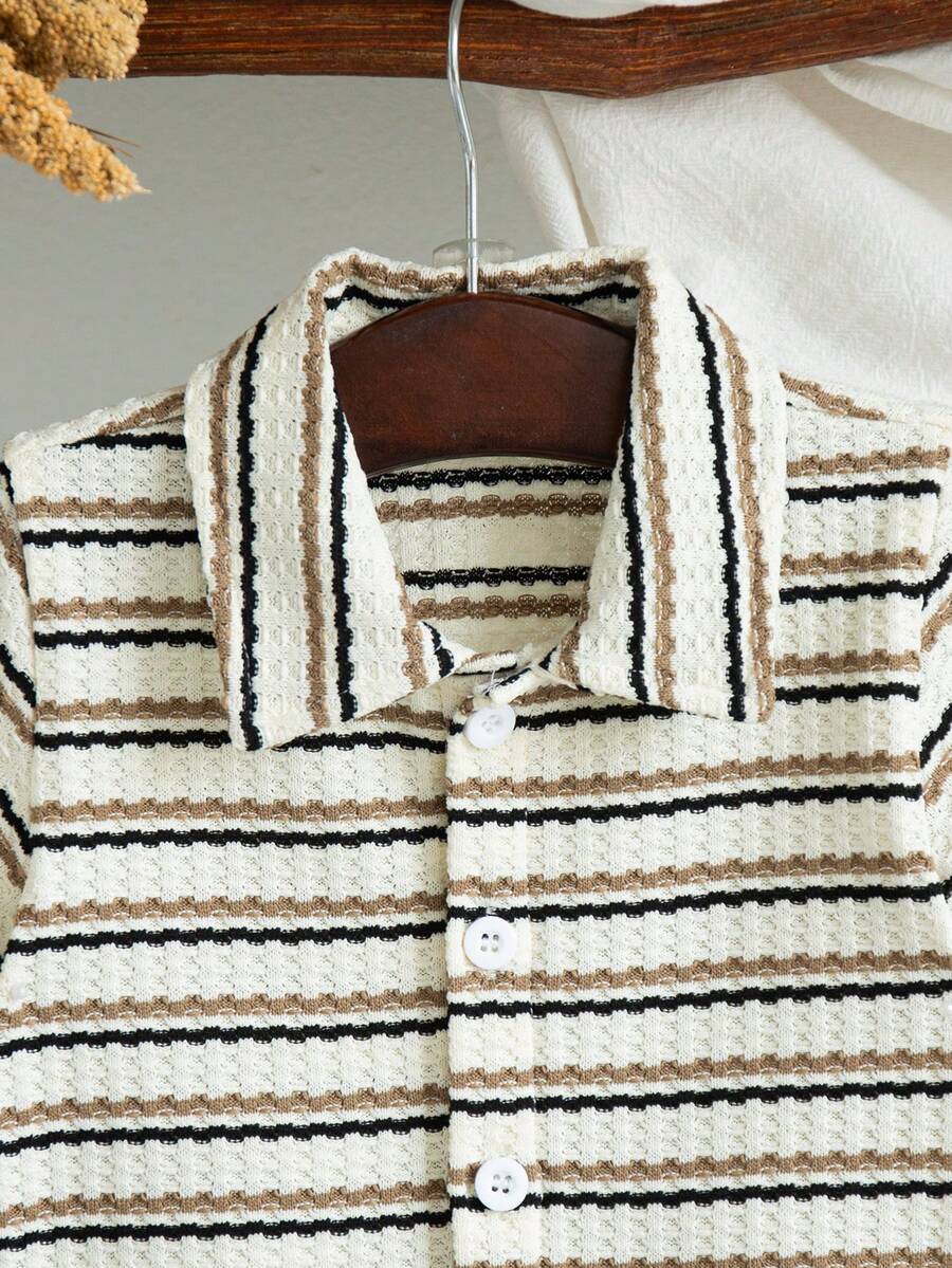 Infant Baby Boy Green White Striped Waffle Knit Polo Shirt and Shorts 2 Piece Casual Outfit Set