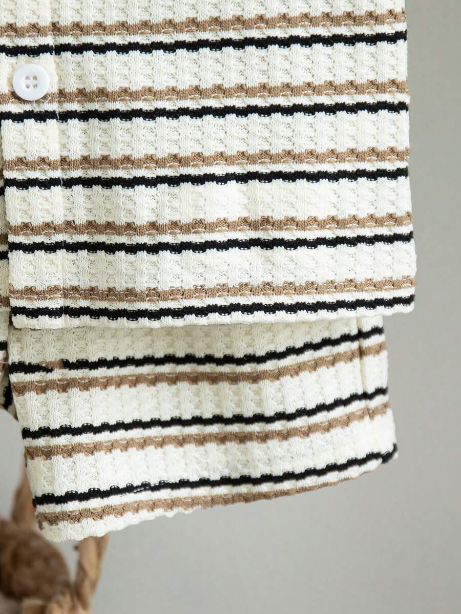 Infant Baby Boy Green White Striped Waffle Knit Polo Shirt and Shorts 2 Piece Casual Outfit Set