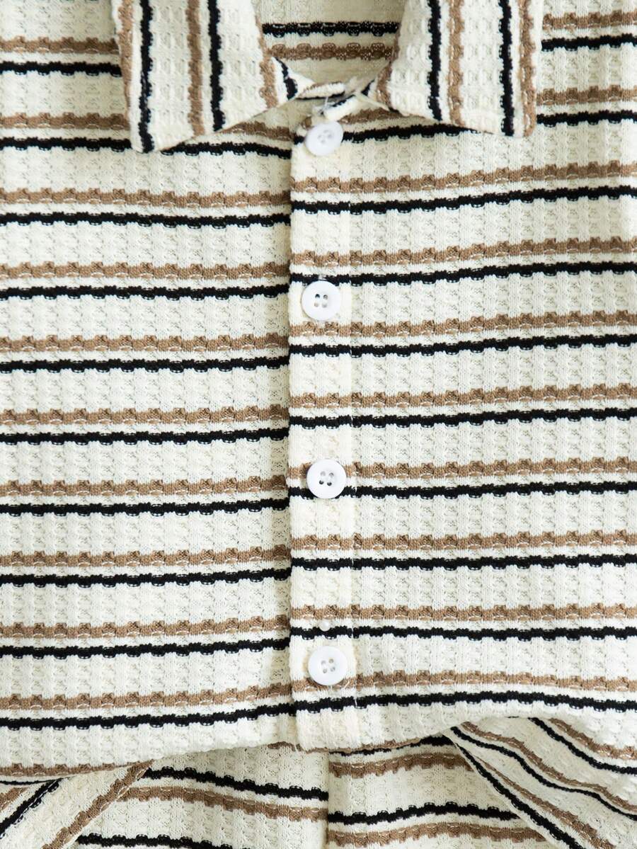 Infant Baby Boy Green White Striped Waffle Knit Polo Shirt and Shorts 2 Piece Casual Outfit Set