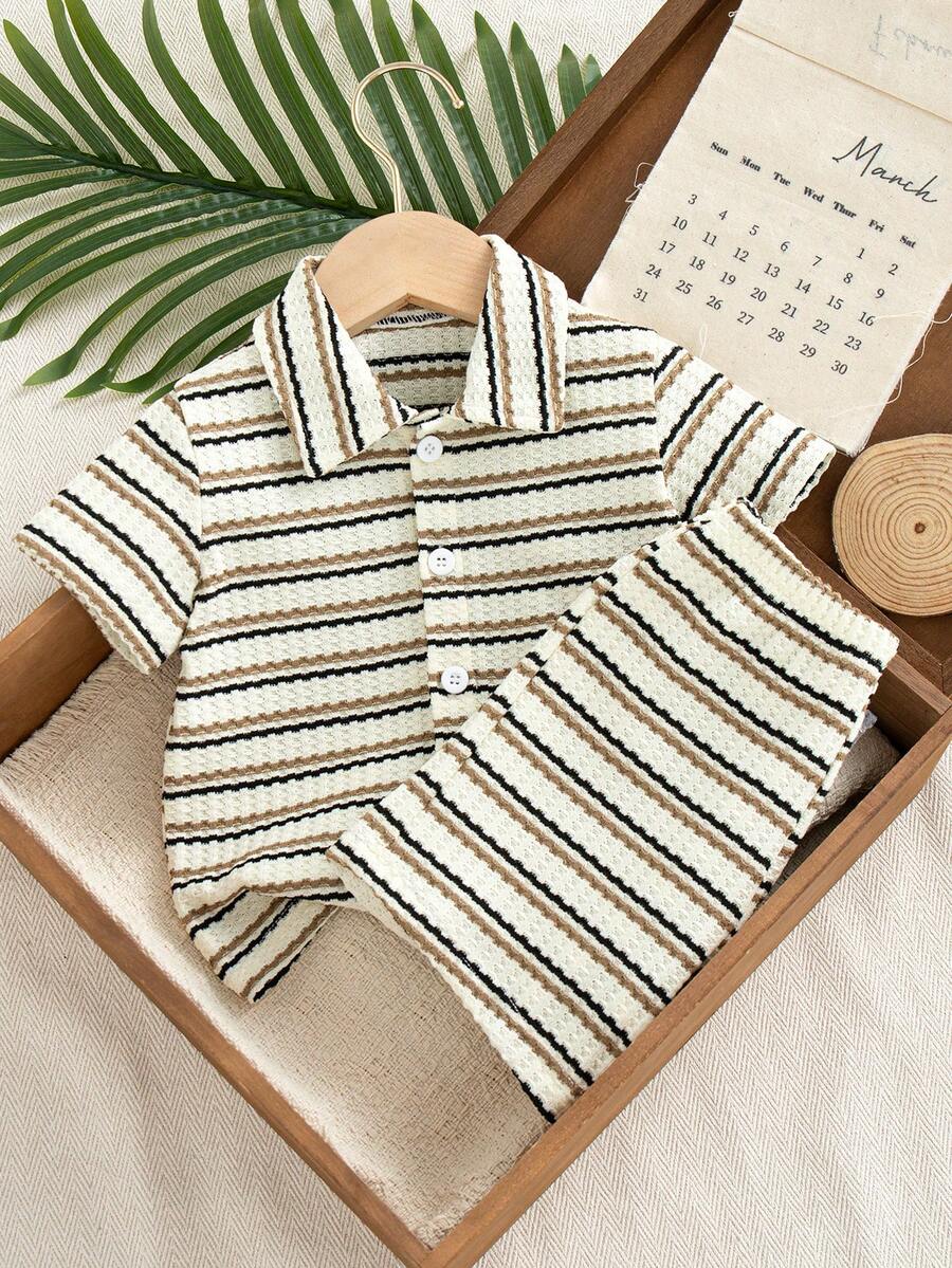 Infant Baby Boy Green White Striped Waffle Knit Polo Shirt and Shorts 2 Piece Casual Outfit Set