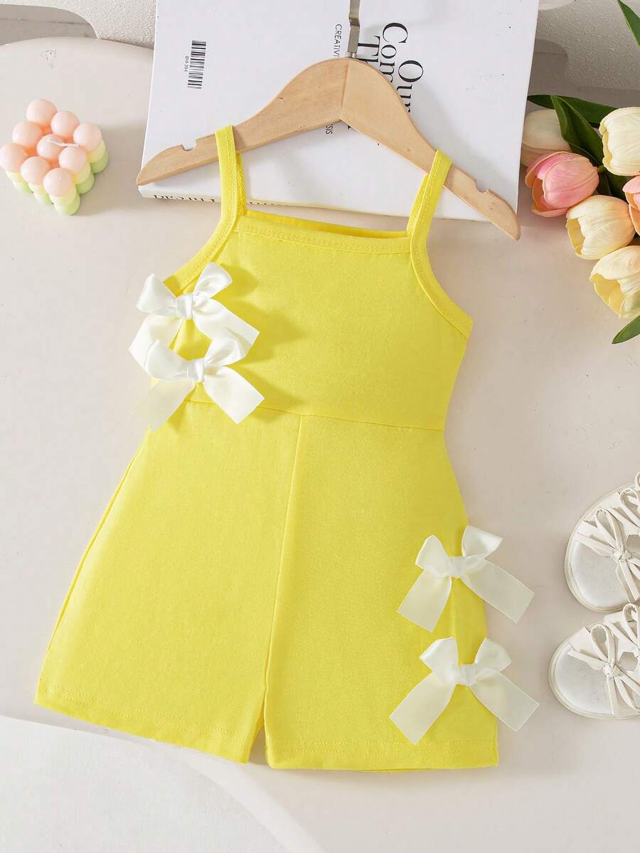 Cute Baby Girl Sleeveless Ribbed Short Jumpsuit With Bow Detail Casual Summer Wear
