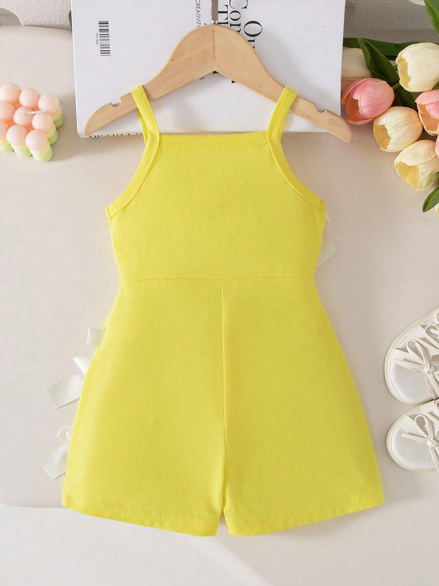 Cute Baby Girl Sleeveless Ribbed Short Jumpsuit With Bow Detail Casual Summer Wear
