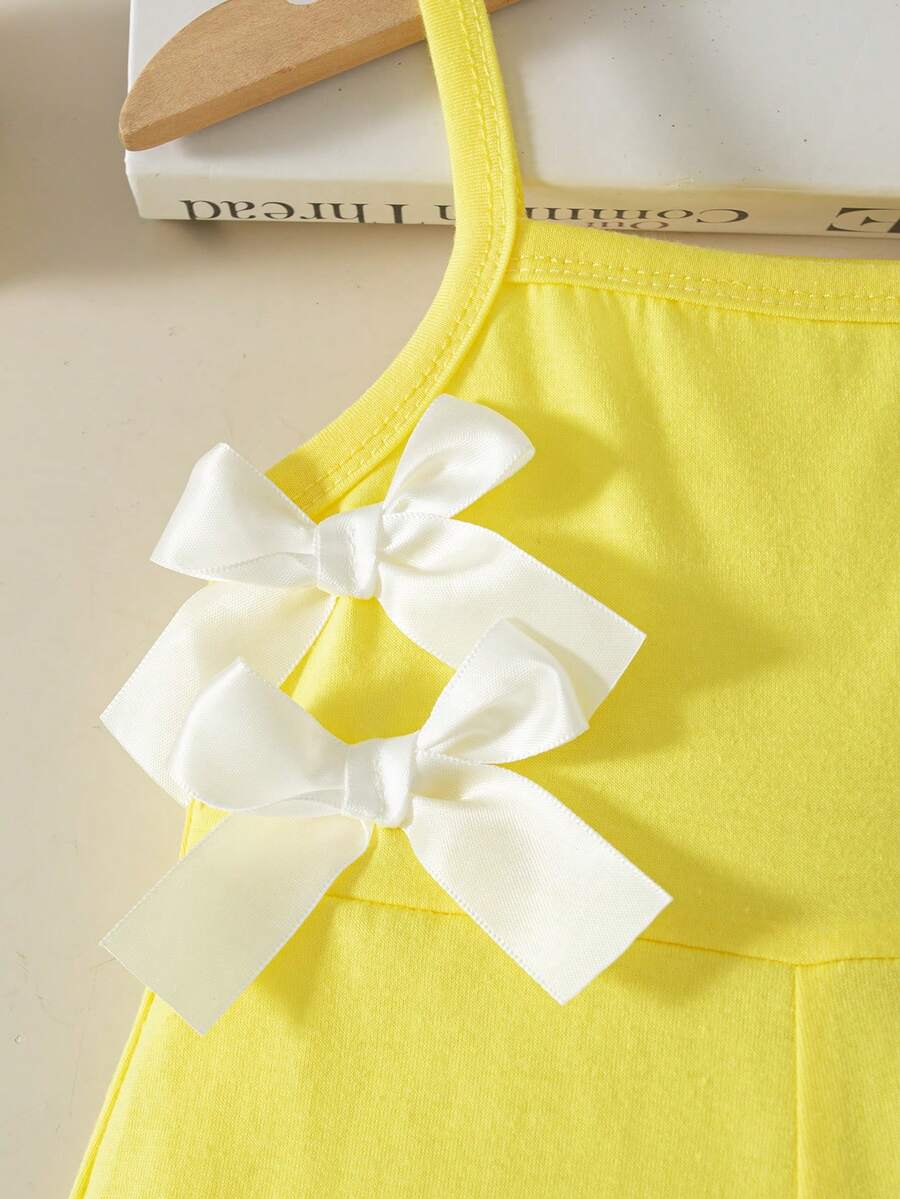 Cute Baby Girl Sleeveless Ribbed Short Jumpsuit With Bow Detail Casual Summer Wear