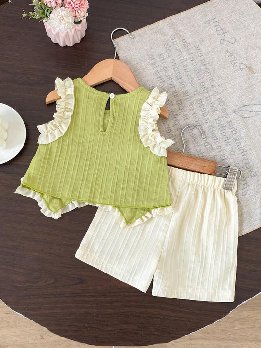 Light Green Vest Top And Apricot Shorts Set For Toddler Girls Vacation Wear